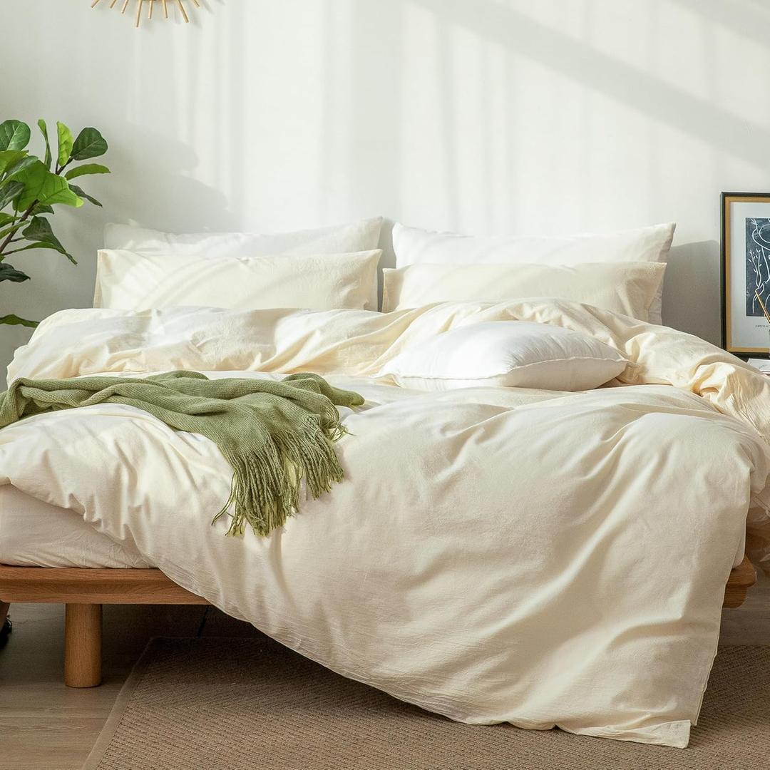 MooMee Bedding Duvet Cover Set 100% Washed Cotton Linen Like Textured Breathable Durable Soft Comfy (Solid Cream White, Full 80"x90")