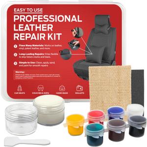 Leather & Vinyl Repair Kit  Liquid Repair Compound with Filler Paste, Color Mixing Paints, Backing Fabric, Sandpaper  for Car Seats, Boats, Dashboards, Upholstery, Furniture, Jackets
