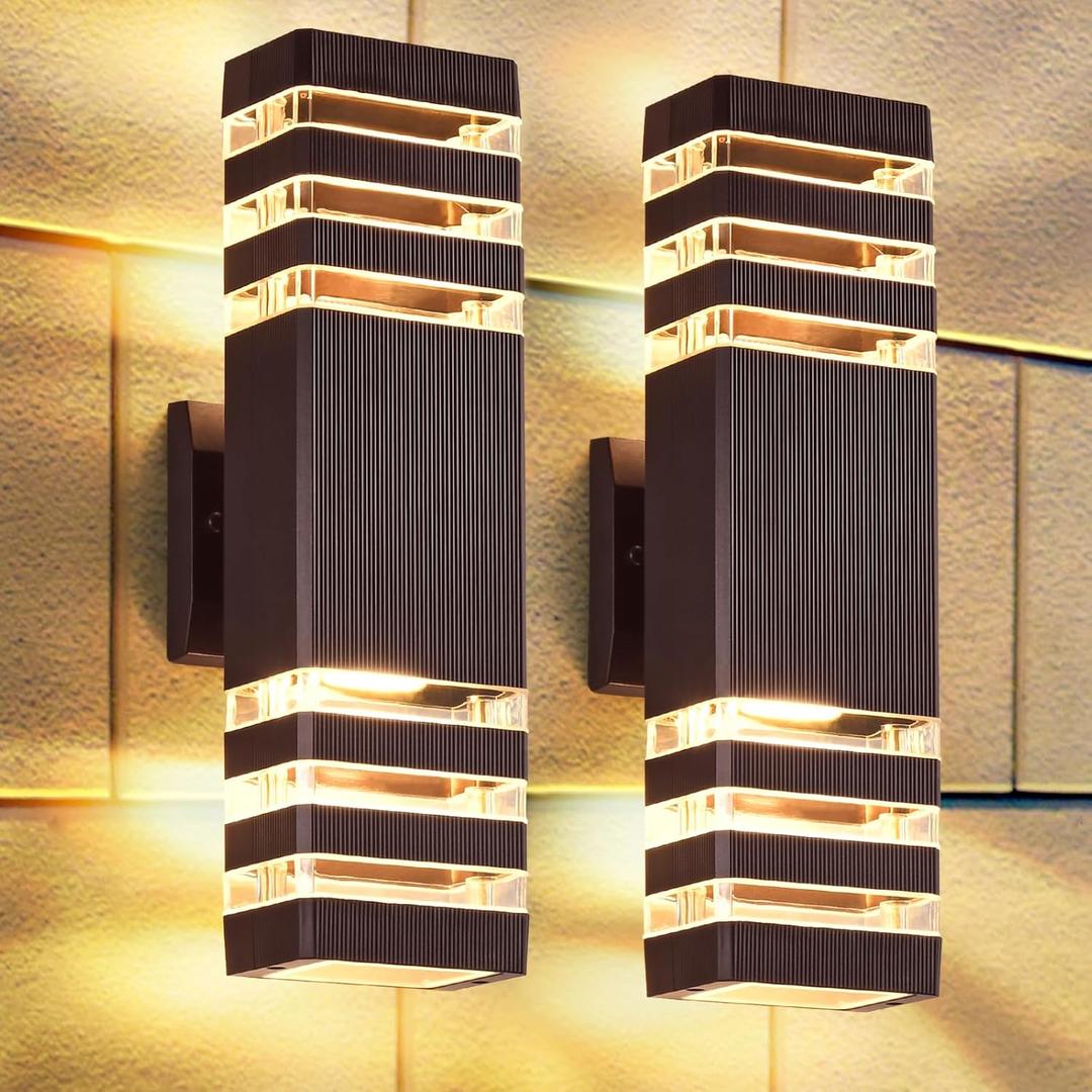 DASTOR Up and Down Outdoor Wall Lights, 3-Layer Brown Modern Outdoor Lights for House, Waterproof Exterior Light Fixture Wall Mount Outdoor Lighting for Porch Garage, 2 Pack