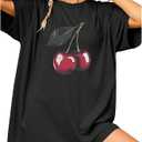 RoseSeek Women's Cherry Graphic Tees Top Crewneck Short Sleeve Baggy T Shirt, XS