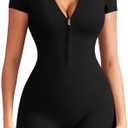 YEOREO Women Short Sleeve Workout Jumpsuit Zip Up Romper Bottom Shorts Bodysuit Bodycon Sexy One Piece L