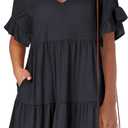 ANRABESS Dresses for Women Summer 2025 V Neck Ruffle Sleeve A Line Tiered Flowy Casual Trendy Mini Beach Dress with Pockets (Deep Navy Blue)