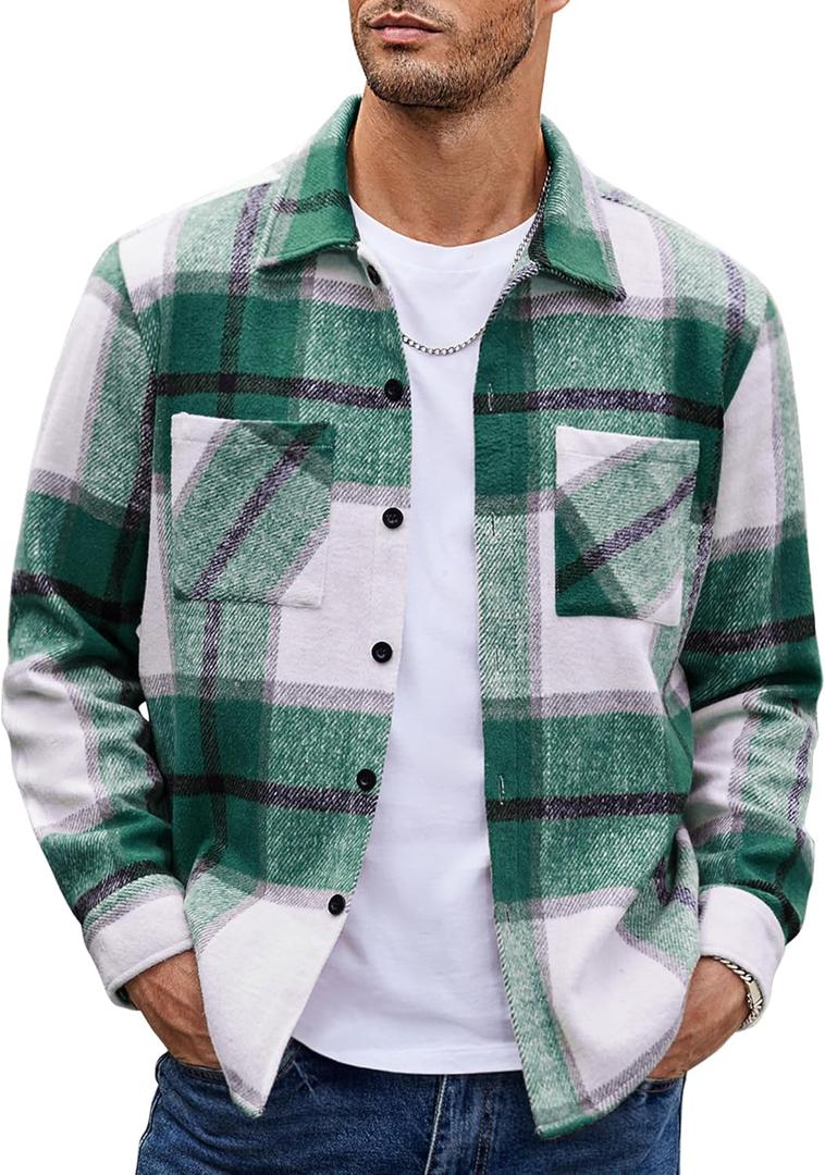 COOFANDY Men's Flannel Shirts Casual Button Down Plaid Shirt Jacket Long Sleeve Fleece Shacket with Pockets (Green)