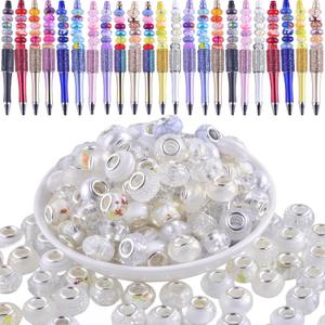 Large Hole Beads for Jewelry Making 120pcs 14mm Large Hole Murano Beads for Pens European lampwork Beads for Beadable Pens Spacer Beads Bulk for Crafts Garden Stakes White Mix