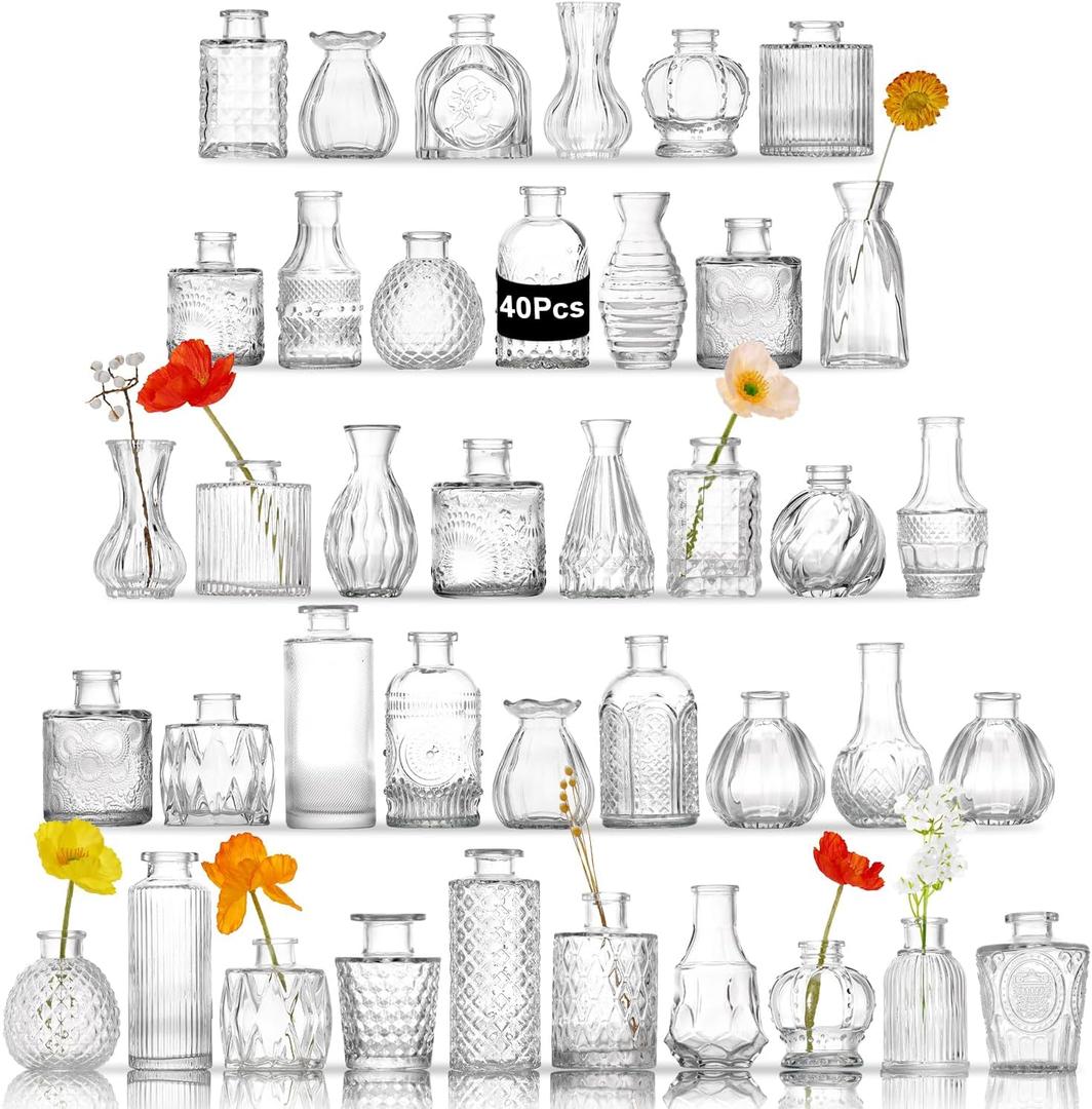 Glass Bud Vases Set of 40 PCS, Small Flower Vases for Wedding Centerpiece Table Decoration, Vintage Vase in Bulk for Flower Arrangements, Mini Vase for Birthday Party, Festival Home Decor,Clear