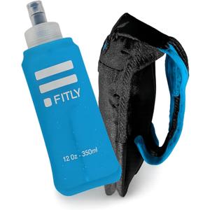 FITLY Soft Flask - Shrink As You Drink Soft Water Bottle for Hydration Pack - Folding Water Bottle Ideal for Running, Hiking, Cycling, Climbing & Rigorous Activity (12 Ounces, Blue with Holder)