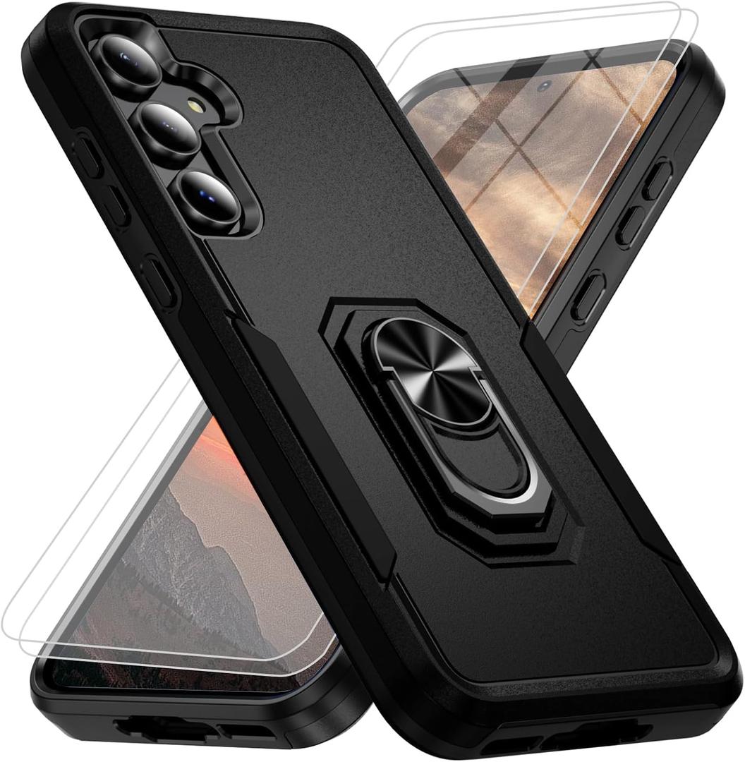 Phone Case for Samsung Galaxy S25FE [15 FT Military-Grade Drop Protection] with 2X Tempered Glass Screen Protector, Heavy-Duty Shockproof Kickstand Phone Case (Black)