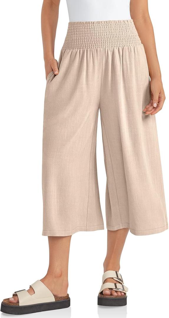 TARSE Womens Linen Palazzo Capri Pants Boho Summer Smocked High Waist Wide Leg Casual Loose Trousers with Pockets Flowy Pants (White, XXL)