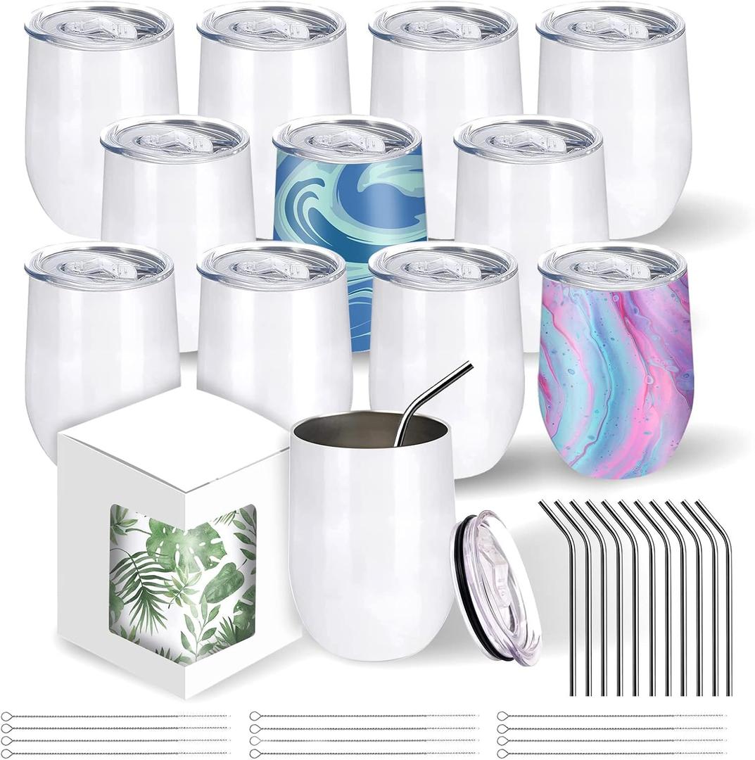 BetterSub12 oz Sublimation Wine Tumblers, Double Wall Insulated Stainless Steel Sublimation Cups with Lid, Metal Straw, Brush, Individually Display Box, White (12 Packs White)