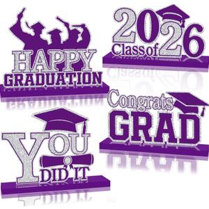 4Pcs Graduation Decorations Class of 2026 Wood Table Centerpieces Congrats Grad Wooden Sign Graduation Table Toppers Congratulate Tiered Tray Decor for 2026 Graduation Party (Purple-Silver)