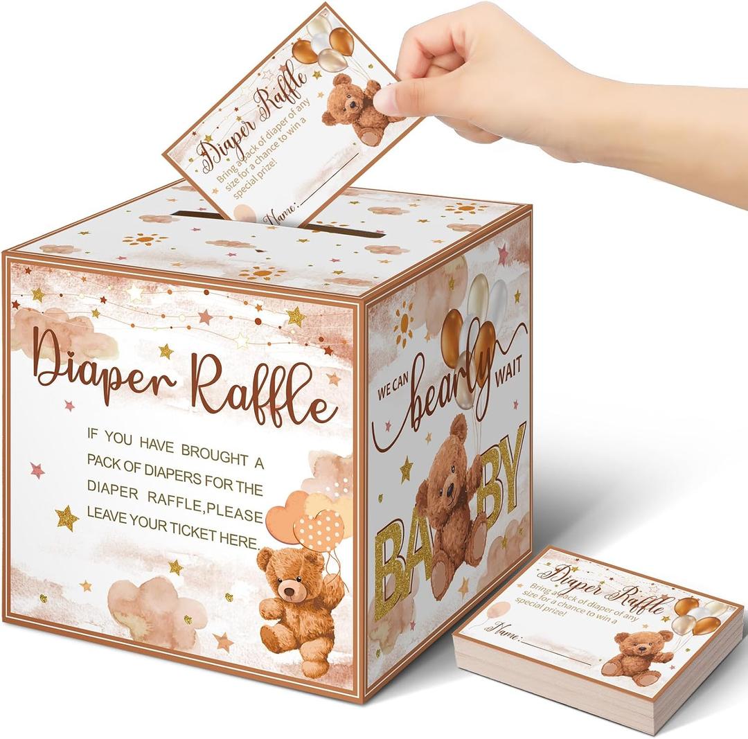 Fuutreo 51 Pcs Bear Diaper Raffle Tickets with Diaper Raffle Card Box for Baby Shower Decor Balloon Themed Baby Shower Decorations for Games Prizes Gender Reveal Party Supplies