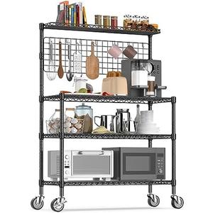 Leteuke Bakers Rack with Storage & Wheels, 42 Inch Microwave Stand Kitchen Shelves, 4-Tier Heavy Duty Storage Rack with 20 S-Hooks, Commercial Metal Utility Kitchen Cart, 42× 18× 63 Inch, Black