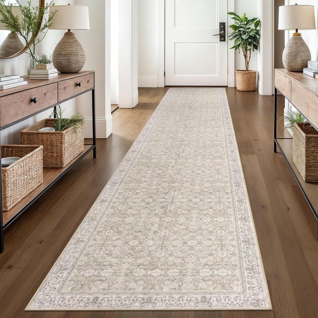 SIILOOM 2.6x14 Washable Runner Rug for Kitchen, Cream Beige Yellow White Grey Soft Classic Runners with Non-Slip, Non-Shedding Distressed Floral Rug for Hallways Entryway Bedroom Laundry Indoor