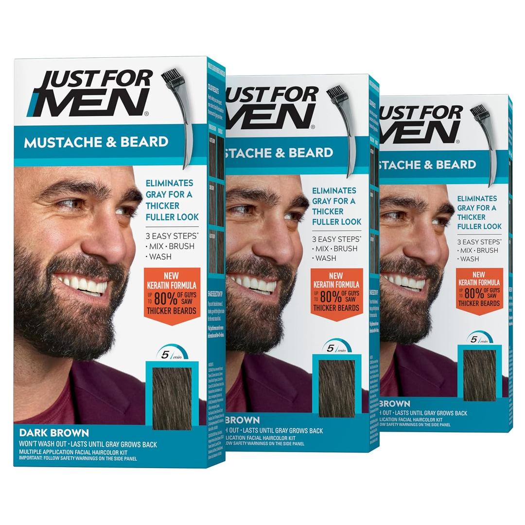 Just For Men Mustache & Beard, Beard Dye for Men with Brush Included, With Keratin Biotin Aloe and Coconut Oil for Healthy Facial Hair - Dark Brown, M-45, Pack of 3 