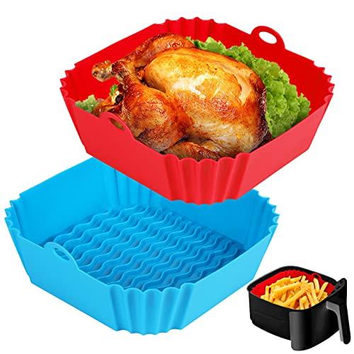 Boribim 2 PCS Square Silicone Air Fryer Liners - 8 Inch Reusable Air Fryer Pot - Air Fryer Accessories - Air Fryer Inserts for 4 to 7 QT Oven Microwave Accessories (Red/Blue)