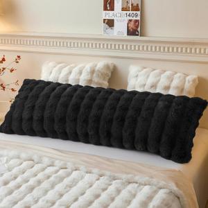 LIFEREVO Fluffy Faux Rabbit Fur Body Pillow Cover, Luxury Bubble Waffle Shaggy Plush Bed Body Pillowcase with Zipper Closure, Long 20"x54" Fuzzy Furry Pillow Case for Adults Kids Girls Teens, Black