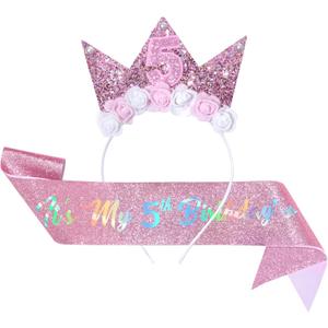 baotongle 5th Birthday Decorations for Girls Birthday Girl Headband Glitter Sash Set for 5 Year Old Girl Flower Princess Crown Headband for Happy Outfit