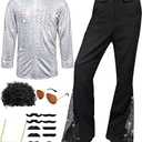 6 Pcs Mens 70s Disco Outfits Retro Halloween Couples Costume with Bell Bottom Pants, Medium