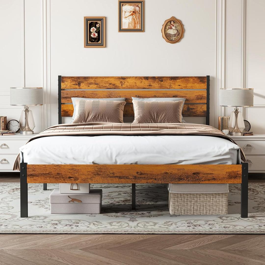 OLIXIS Full Size Platform Bed Frame with Wooden Headboard and Footboard, Heavy Duty Metal Slat Mattress Base, 800 LBS Weight Capacity, Sturdy Stable Structure, No Box Spring Needed