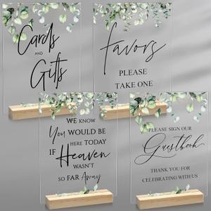 Roowest 4 Pcs Acrylic Wedding Signs 8 x 6 Inch Guest Book Sign, Ceremony Reception Clear Cards, Rustic Wooden Stand, Memorial Table Signs for Wedding, Cabin and Beach Party