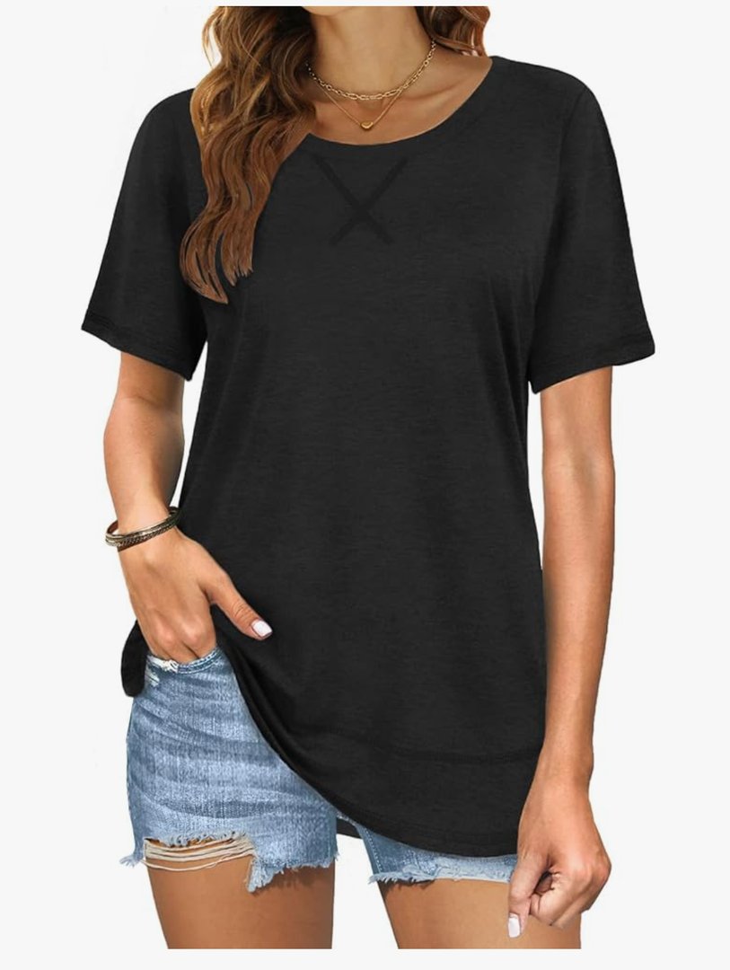 Summer Tops for Women Short Sleeve Crewneck Tshirts Side Split Loose Fit Tunic Shirts S