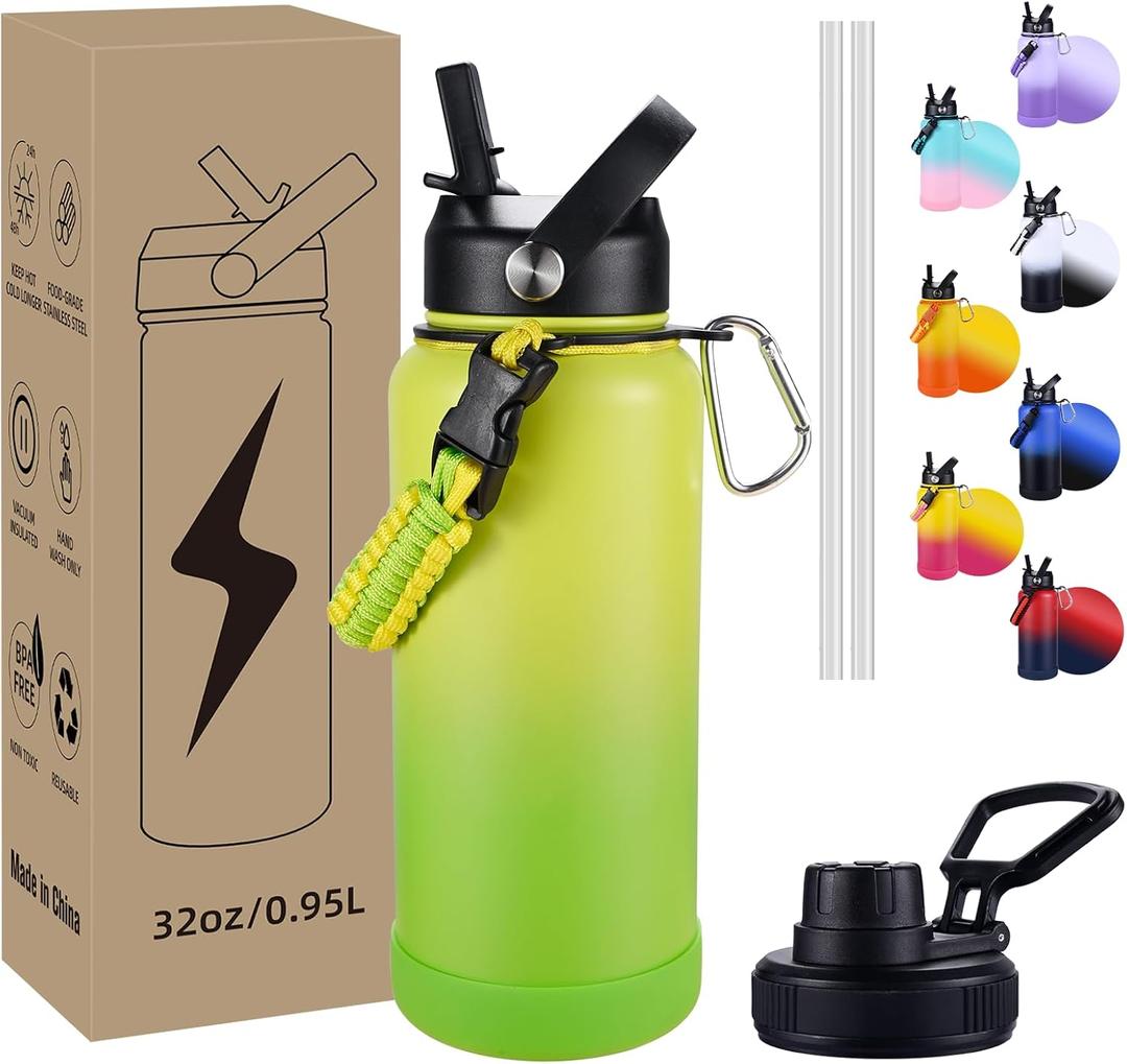 Insulated Water Bottle, 32 oz Stainless Steel Wide Mouth Water Bottles with 2 Leak Proof Lid and Paracord Handle, Double Wall Vacuum Insulated Sports Water Bottle, Gradient Green