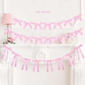 3Pcs Pre-Strung Pink Bow Garlands Banner,Ribbon Bow Garland Pink Banner Bow Party Decorations for Birthday Bachelorette, Bridal Showers, Satin Bow Decorations for Party Wedding Engagement