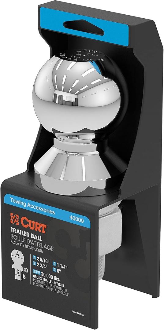 CURT 40009 Chrome Trailer Hitch Ball, 20,000 lbs, 2-5/16-Inch Diameter, 1-1/4 x 2-3/4-Inch Shank
