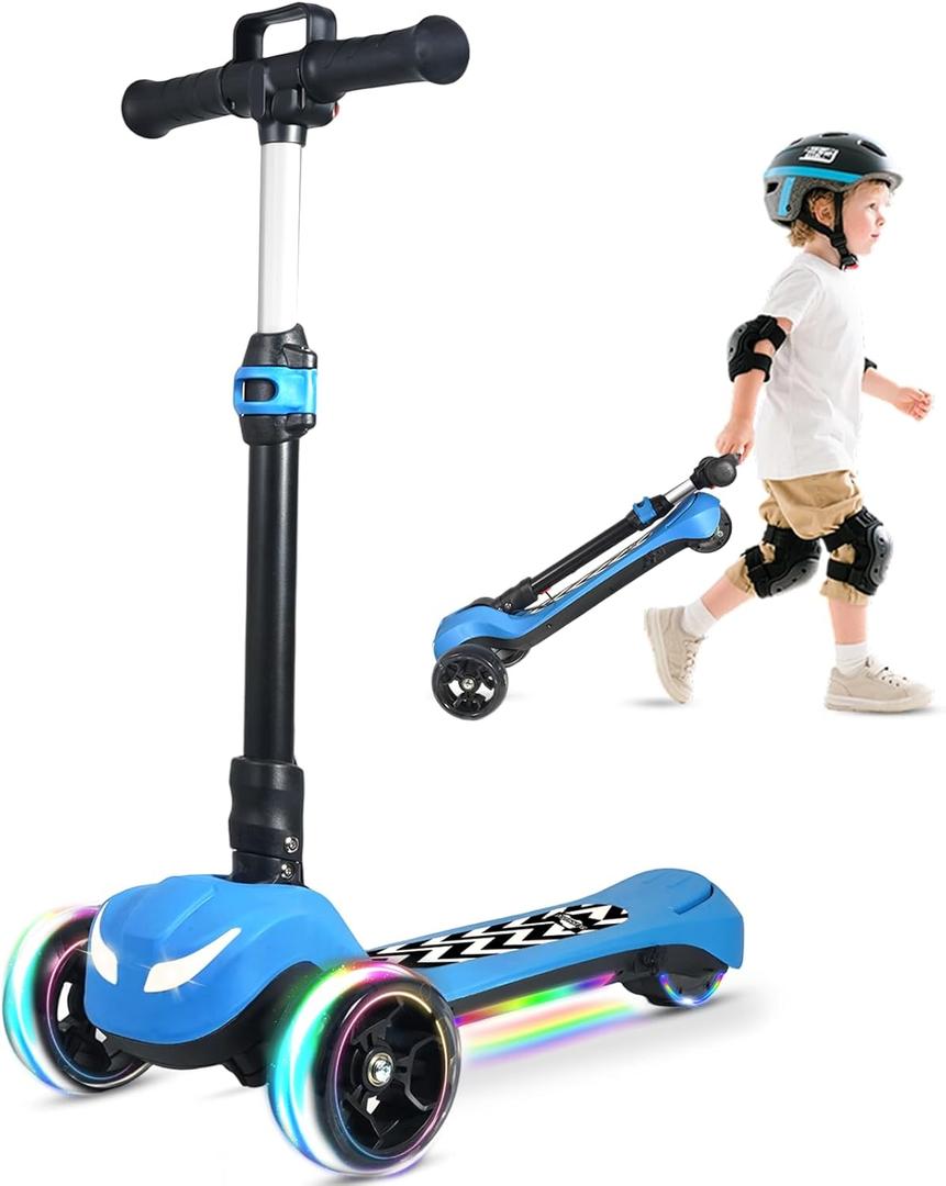 Electric Scooter for Kids Ages 3-12, 3 Adjustable Heights, 5MPH Safe Speed | Full Body Lights Up, Wide Deck, 90min Riding, Foldable 3 Wheel Electric Scooter for Kids Boys Girls Toddler Birthday