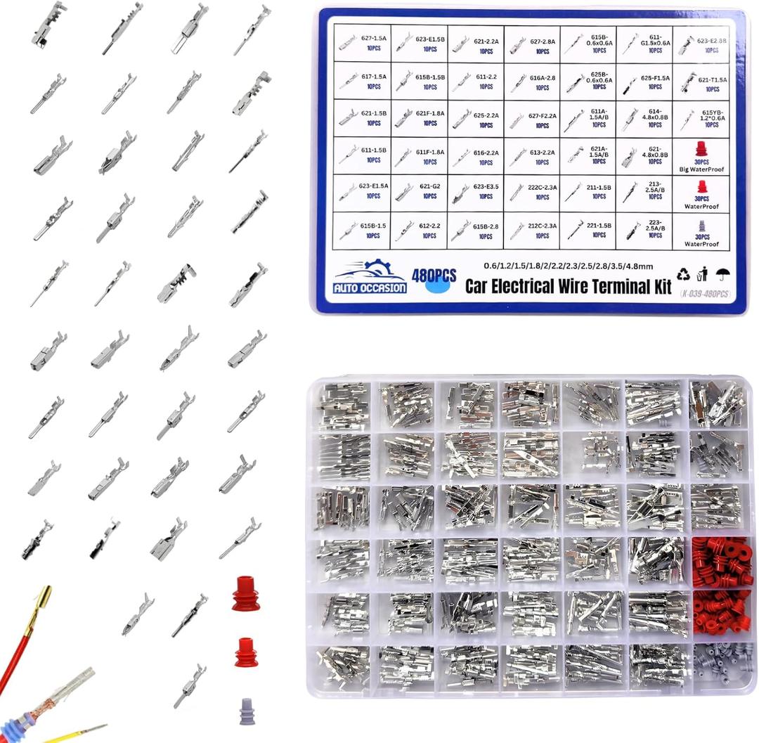 540Pcs 39 Type Car Electrical Wire Terminal Pin Connector Kit 0.6/1.2/1.5/1.8/2/2.2/2.3/2.5/2.8/3.5/4.8mm Wire Terminal Pin Removal Male Female Crimp Pins Non-Insulated Plug