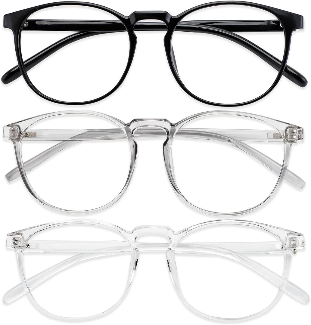 Przene 3 Pack Blue Light Blocking Glasses Women/Men,Retro Round Computer Glasses Anti Eye Strain/UV/Glare, Gaming Glasses. (Black/Crystal/Grey)
