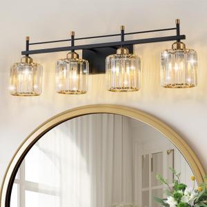 SineRise Modern Bathroom Vanity Light 4-Lights, Crystal Bathroom Vanity Light Over Mirror Vanity Lights Restroom Light Fixtures,Black Gold Bath Wall Sconce Lighting for Bathroom