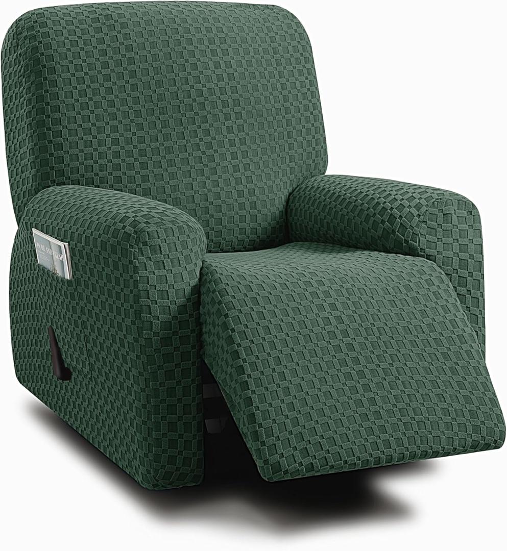 ULTICOR 4-Piece, 1 Seat Recliner Cover, Jacquared Stretch Reclining Chair Covers for 1 Cushion Reclining Sofa, Single Seat Recliner Couch Cover, Soft, Machine Washable (Style 2)(Green, Recliner Cover)