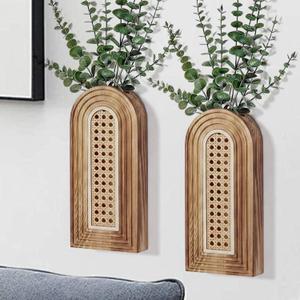 Dnnnii 2 Pack Wooden Wall Vase Set - Brown Finish Hollow Rattan Modern Farmhouse & Boho Wall Decor for Entryway, Hallway, Bathroom, Living Room, Dining Room, Narrow Spaces