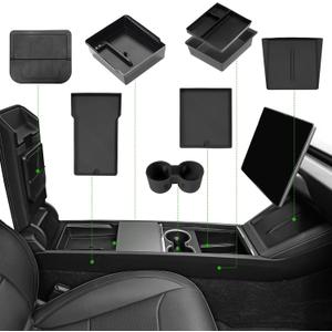 9PCS Center Console Organizer Tray for 2024 2025 2026 Tesla Model 3 Accessories, Armrest Hidden Storage Box Cup Holder Charger Pad for Tesla Model 3 Highland