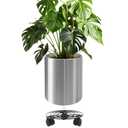 LONGRUNNEW 12 Inch Stainless Steel Plant Pot, Modern Cylindrical Flower Planter for Indoor & Outdoor Use, Includes Tray with Universal Wheels - Curved Border