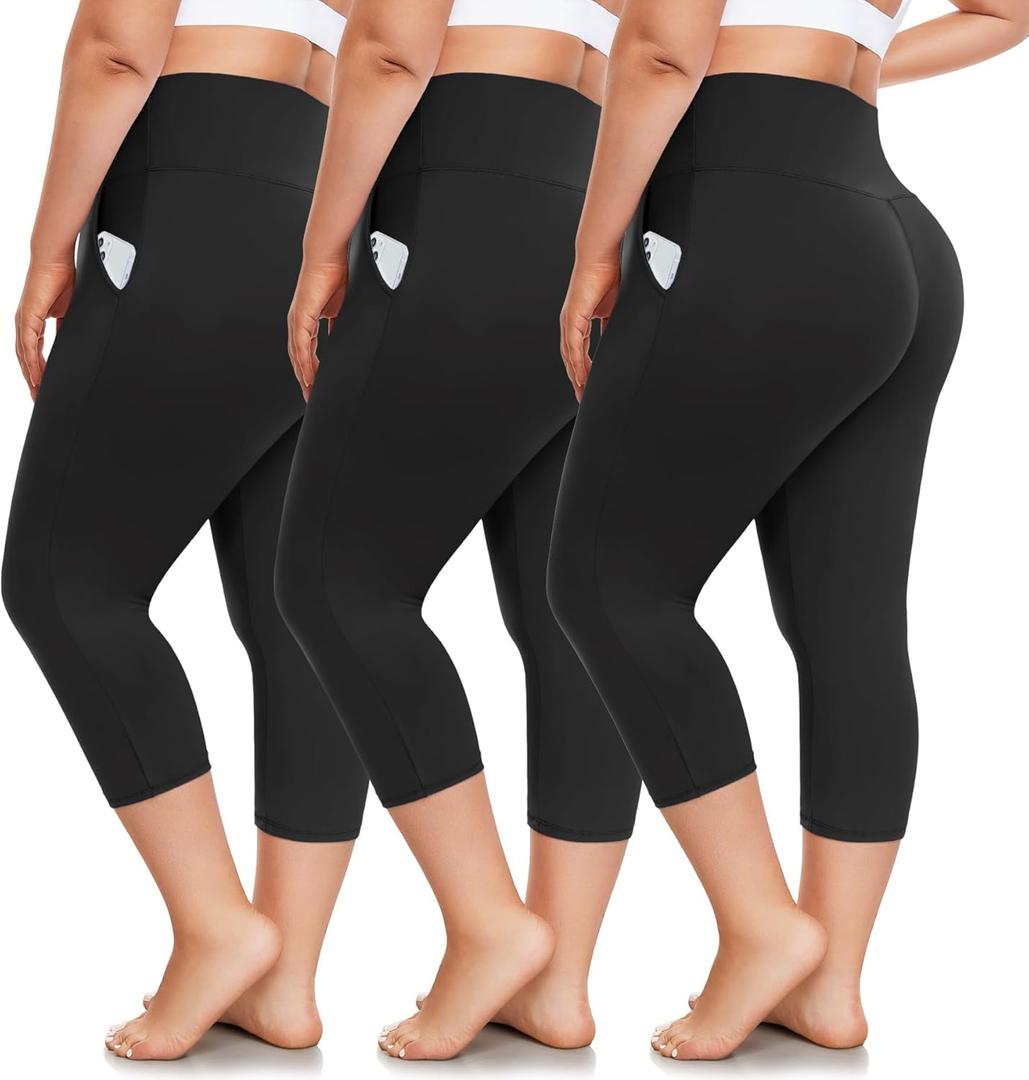 FULLSOFT 3 Pack Plus Size Capri Leggings with Pockets for Women -High Waist Stretchy 1X-4X Workout Yoga Pants (XX-Large, 01-black)