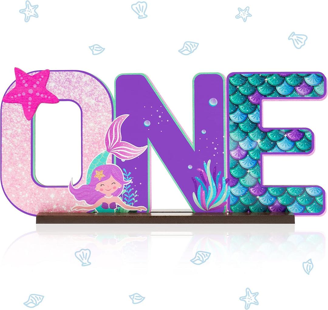Haooryx Mermaid ONE Letter Sign - Table Wooden Centerpiece Baby Girl Mermaid 1st First Birthday Party Decorations Summer Under The Sea Little Cake Smash Photo Props Wood Decorative Baby Shower Decor