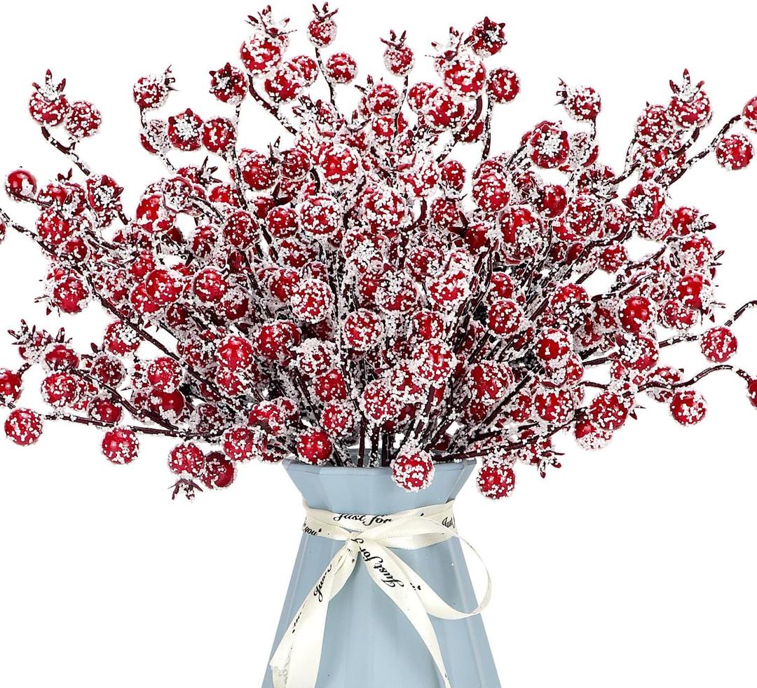 12 Pack Artificial Red Berry Stems Frosted Holly Berry Picks Christmas Picks Sprays Snowy Berry Twig Branches for Xmas Tree Garland Wreath Craft Supplies Table Centerpiece Home Decorations (Red, 12)