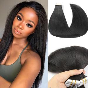 Yaki Straight Human Hair Tape in Hair Extensions 26Inch Long for Black Women Skin Weft Seamless PU Tape ins Doble Sided Natural Black Brazilian Virgin Hair 50Gram 20pcs/Pack Remy Hair Extensions