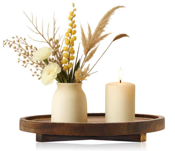 12 inch Large Round Decorative Tray Wood Bathroom Counter Organizer Farmhouse Kitchen Decor Wooden Riser for Perfume Soap Dish Wood Decorative Candle Holders for Home Decor Brown Table Centerpieces