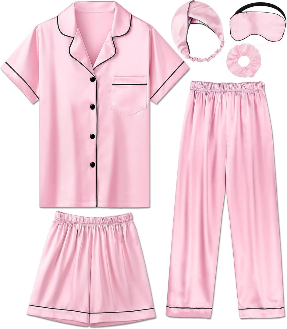 Silk Pajamas for Girls Satin Pajama Kids 3 Pieces Short Sleeve Girl Button-down Pjs Shorts Pants Sleepwear (11-12 Years, Pink)
