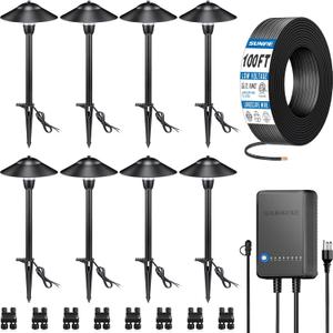 SUNVIE All-in-One LED Pathway Lighting Kit, 8-Pack Low Voltage Landscape Lights with Transformer and 100FT 16/2 AWG Wire, 3000K Waterproof Landscape Lighting with Connectors for Walkway Garden Yard (3000K Warm White)