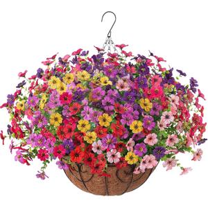 HyeFlora Artificial Fake Hanging Plants Flowers with Basket Outdoor Decor Faux Silk Dasiy Flower Arrangements in Pot Planter for Porch Home Indoor Patio Garden Yard Decoration (6 Multicolor)