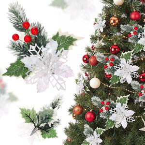 Hotop 12 Pcs Poinsettia Flowers Christmas Artificial Glitter Flower with Clips Poinsettia Christmas Decorations Artificial Flowers for Garland Wreath Tree Home Party(White,Fresh)