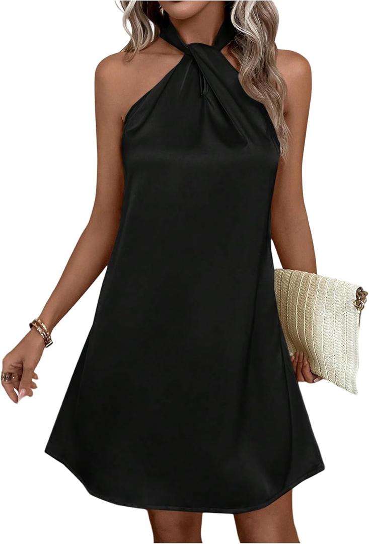 Floerns Women's Pearl Beaded Halter Twist Sleeveless Tie Back Dress A Line Dress (Medium)