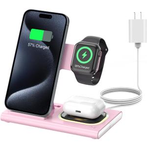 3 in 1 Charging Station for iPhone 17 - Wireless Charger for Apple Devices for iPhone 17 16 15 14 13 12 11 Pro Max - Foldable Wireless Charging Station Dock Stand for Apple Watch Series & AirPods (Pink)