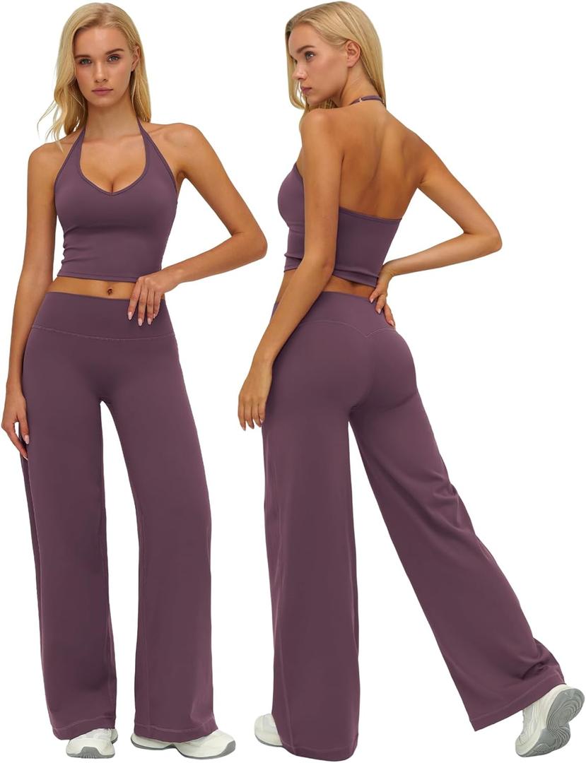 ABOCIW Womens Workout Sets 2 Piece Spaghetti Straps Crop Top Straight Leg Yoga Pants Yoga Pilates Outfits (Small, Halter Plum)