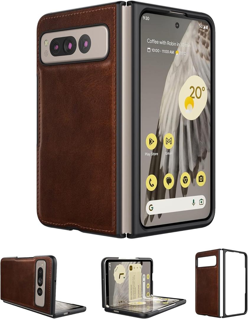 Foluu for Google Pixel Fold Case, Leather Case, PU Leather + Hard PC Shell Ultra Thin Slim Durable Protective Phone Case Cover for Google Pixel Fold 2023 (Brown)