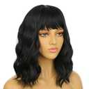 eNilecor Black Wig for Women,Short Wavy Curly Bob Hair Wig with Bangs,14" Natural Synthetic Party Costume Cosplay Halloween Colred colorful Color Fun Neon Funny Wigs For Women